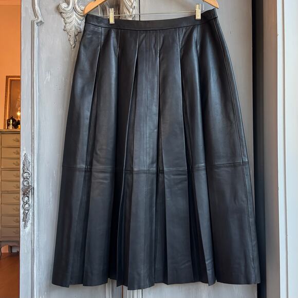Nordstrom Black Leather Box Pleated High Waist A-line Midi Skirt Size Large NWOT - Picture 7 of 11